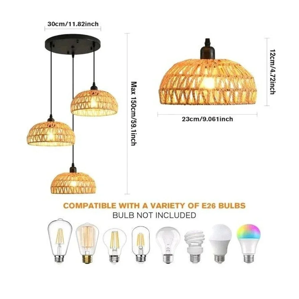 3 Light Rattan Pendant Lights Boho Hand Woven Rattan Chandelier Coastal Lighting